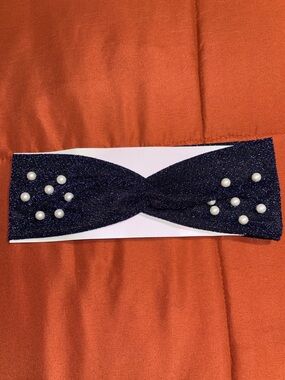 🥳Sale🥳 Pearl-Embellished Navy Metallic Twist Headband Turban